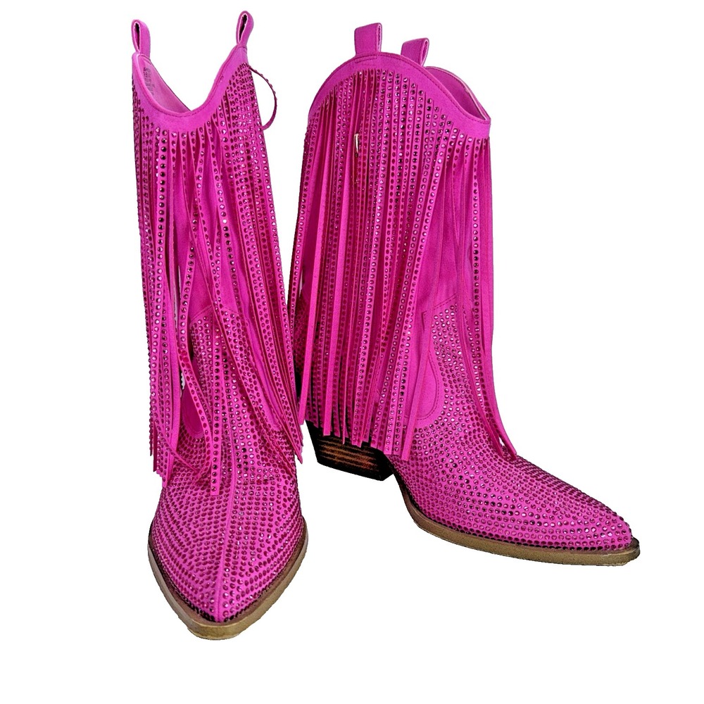 Jessica Simpson Hot Pink Rhinestone Fringe Western Cowboy Boots Sz 9.5 Womens - Picture 1 of 13
